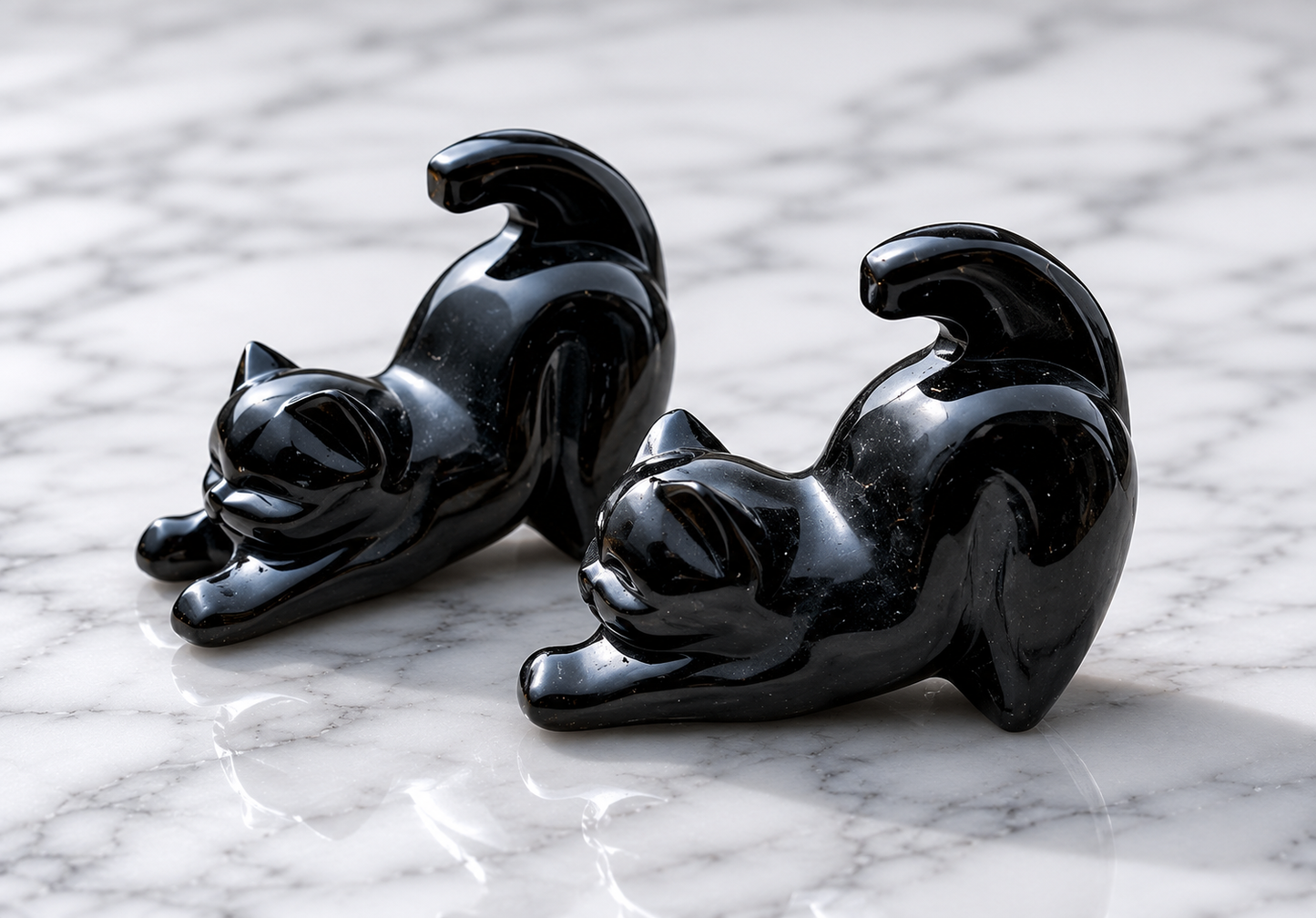 Natural Gemstone Crystal Black Obsidian Cute Stretching Cats Kitty for Fall