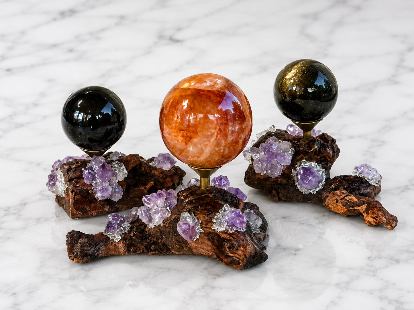 Natural Gemstone Crystal Amethyst Driftwood Sphere Holders Decoration