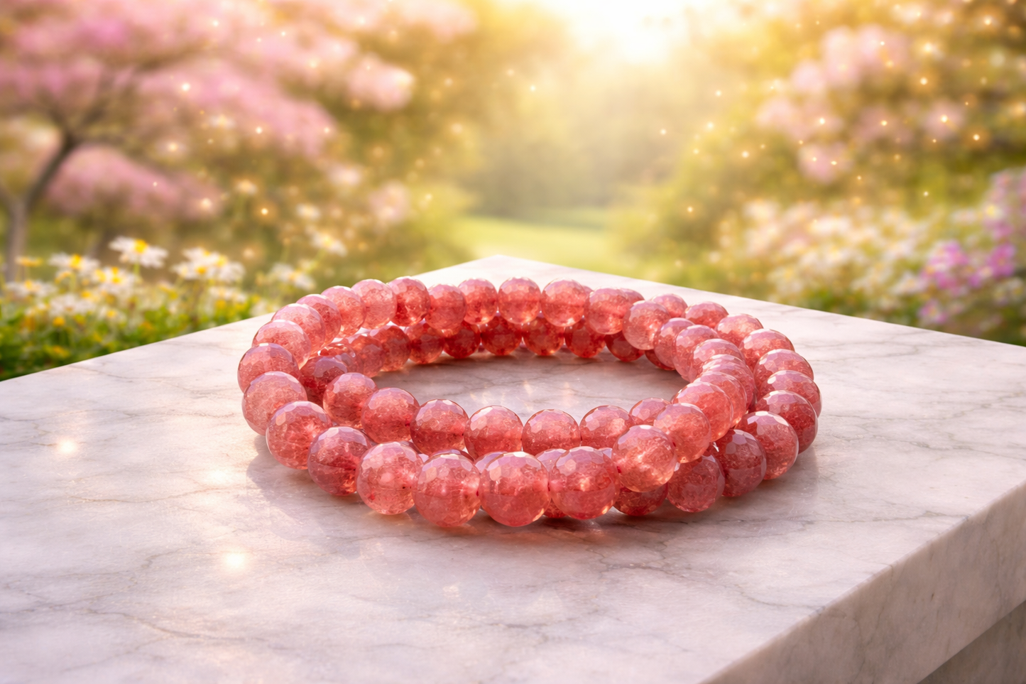 8mm Faceted Natural Strawberry Quartz Crystal Stretch Bracelets
