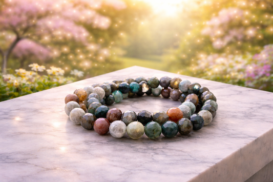 8mm Faceted Natural Moss Agate Crystal Stretch Bracelets