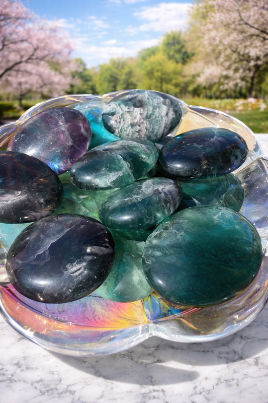 Natural Green Feather Fluorite Crystal Energy Palm Stones